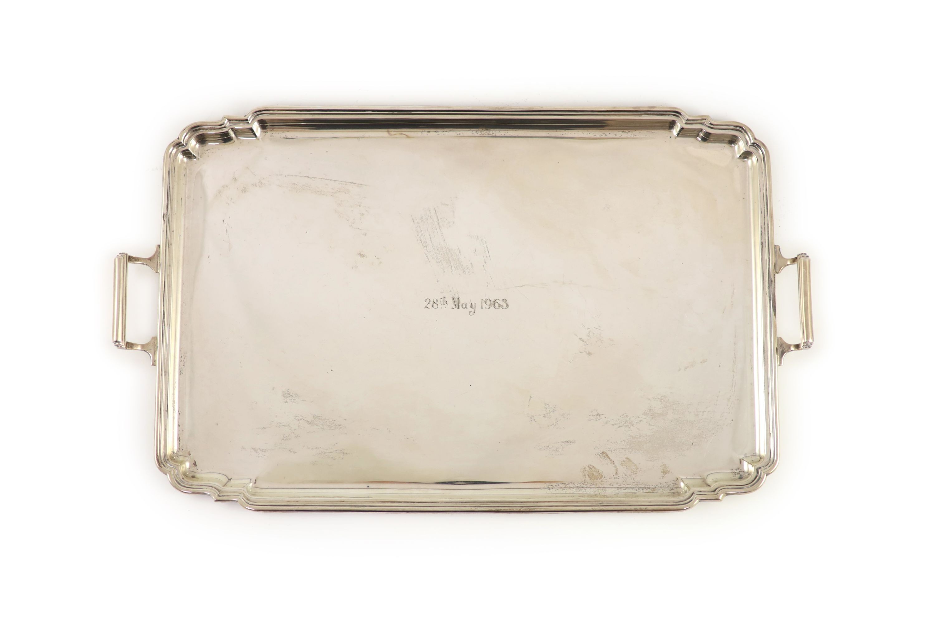 A rectangular silver two-handled tray, by Mappin & Webb,